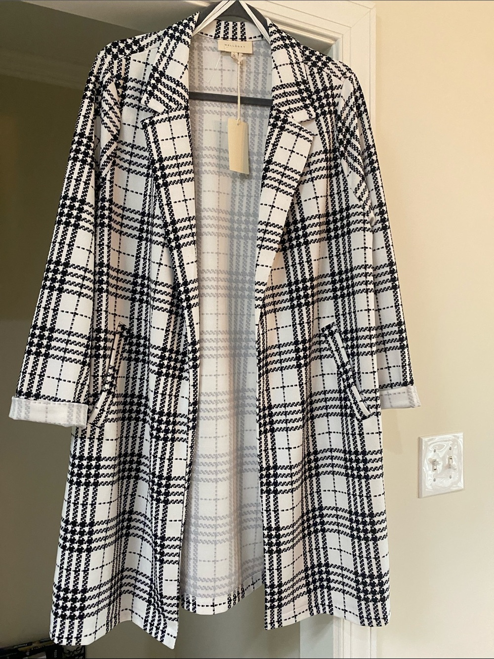 MELLODAY Black & White NWT Professional Plaid Open-Front Long Blazer / Sz L